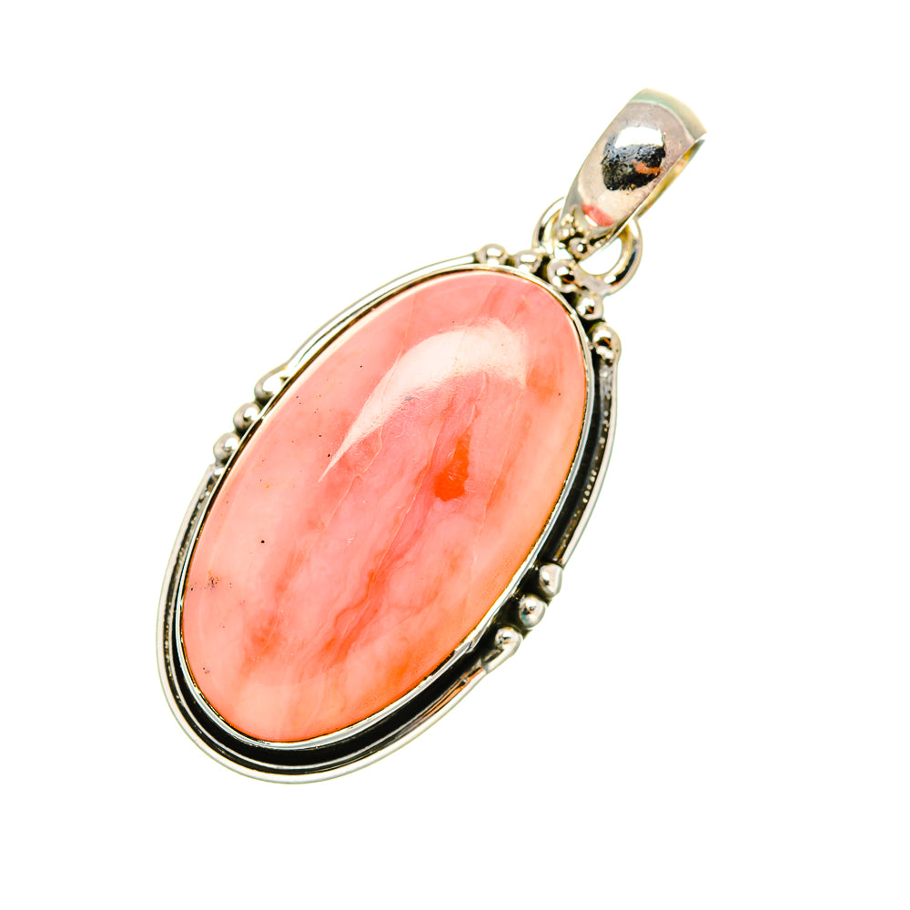 Pink opal pendant in oval bezel with black accents, 925 sterling silver bail