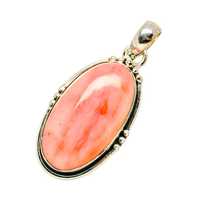 Pink opal pendant in oval bezel with black accents, 925 sterling silver bail