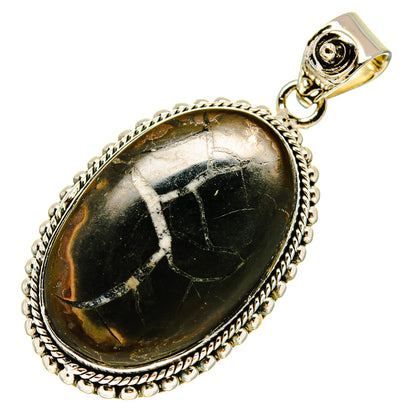 925 sterling silver septarian geode pendant with oval black stone cabochon bezel