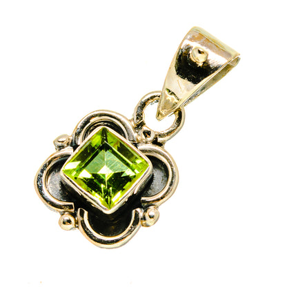Peridot pendant: square lime-green gemstone in silver clover setting with bail