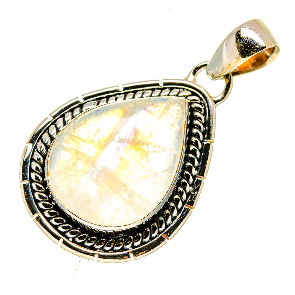 Teardrop moonstone pendant in 925 sterling silver with ornate silver bezel, pale opal