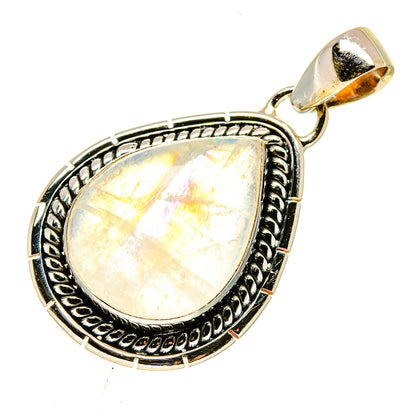 Teardrop moonstone pendant in 925 sterling silver with ornate silver bezel, pale opal