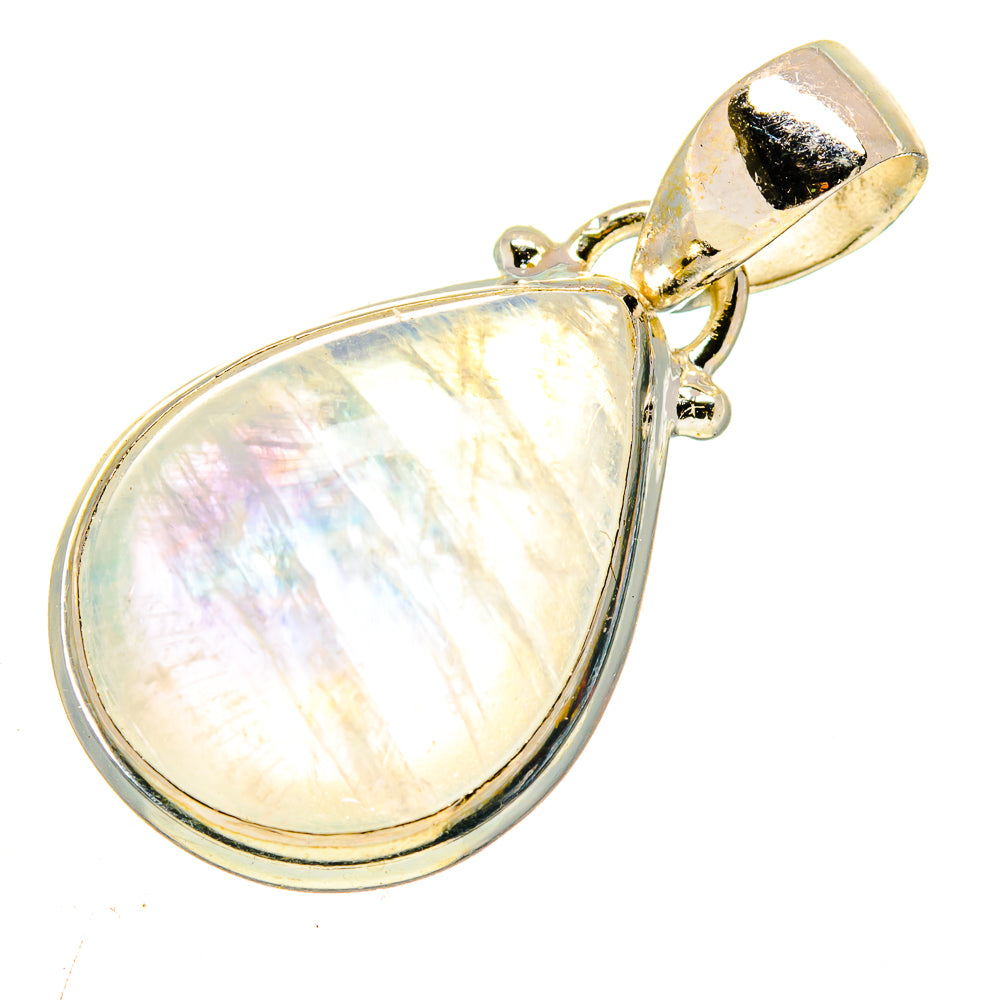 Opalescent moonstone teardrop pendant on silver-tone bail, bezel-set.