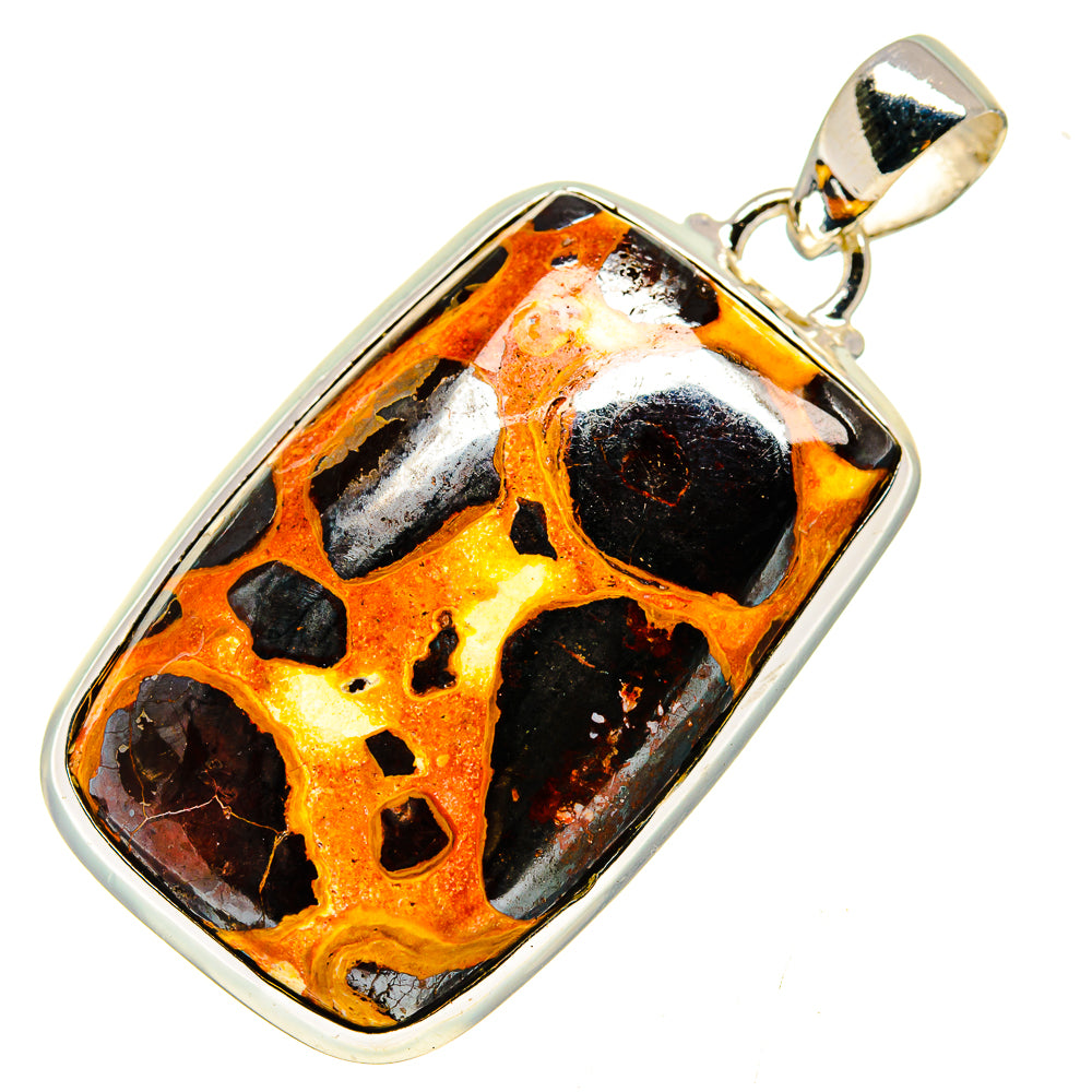 Chert breccia pendant in 925 sterling silver with orange, black, and white stone cabochon