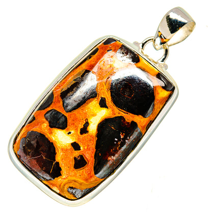 Chert breccia pendant in 925 sterling silver with orange, black, and white stone cabochon