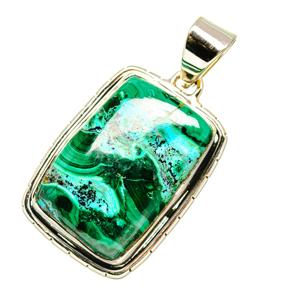Rectangular sterling silver pendant with green-and-blue malachite and chrysocolla stone