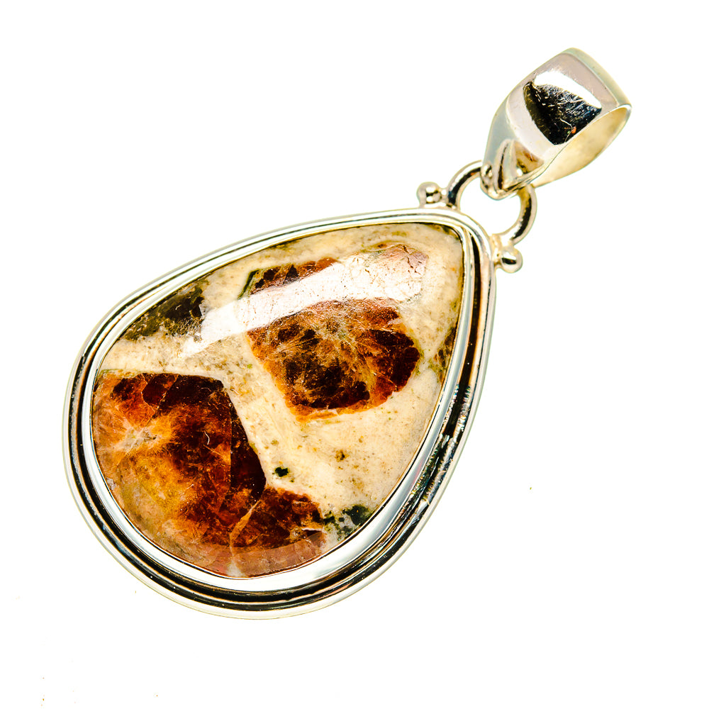 Muscovite teardrop pendant with marbled orange-brown stone in silver frame