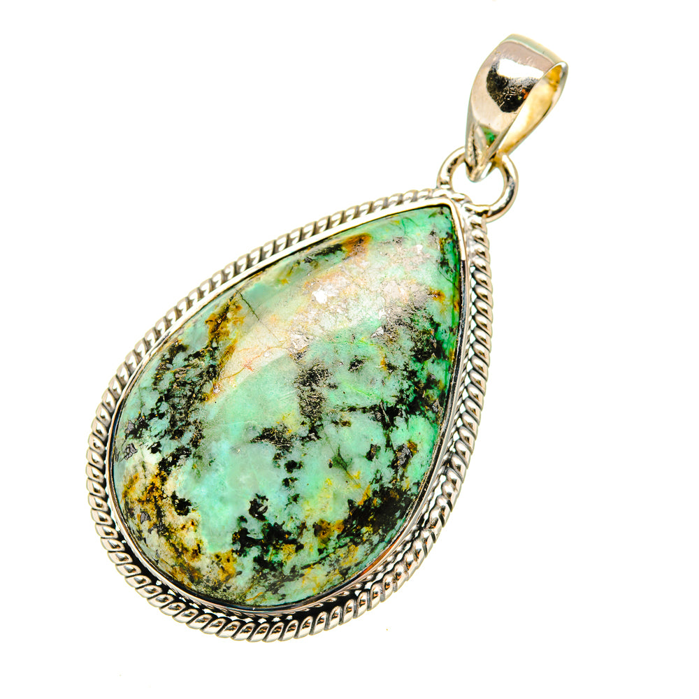 Teardrop turquoise pendant with 925 sterling silver bezel, beaded border, top bail