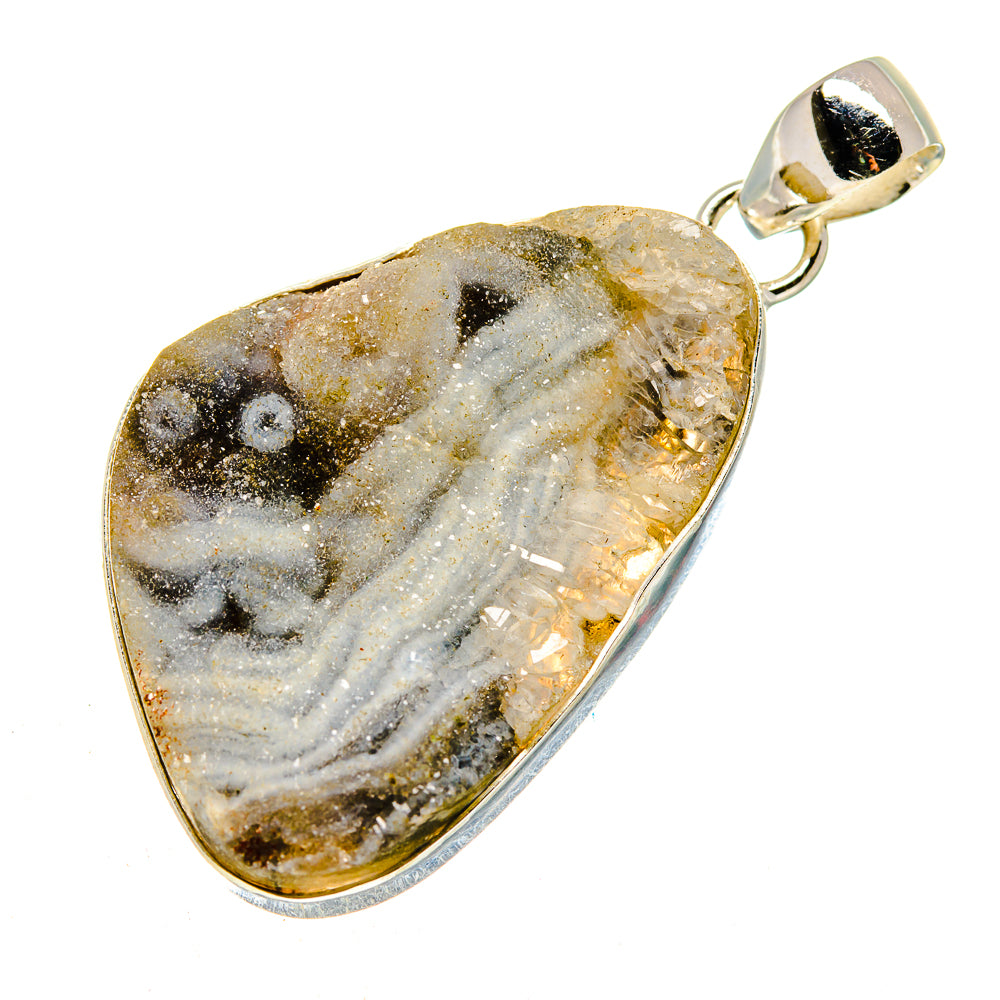 Sterling silver teardrop druzy pendant with metallic gold and gray crystal face