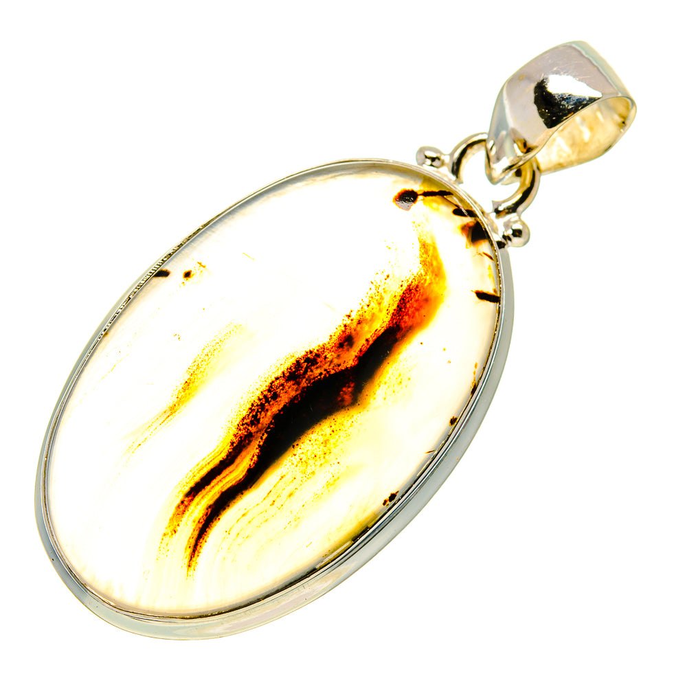 Oval Montana agate pendant with silver bezel, cream stone and dark amber band, top bail