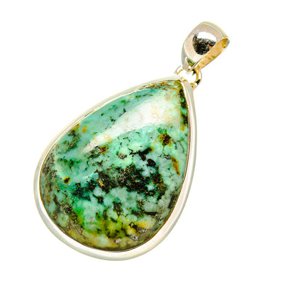 Turquoise teardrop pendant with green veined stone and sterling silver frame, hanging bail