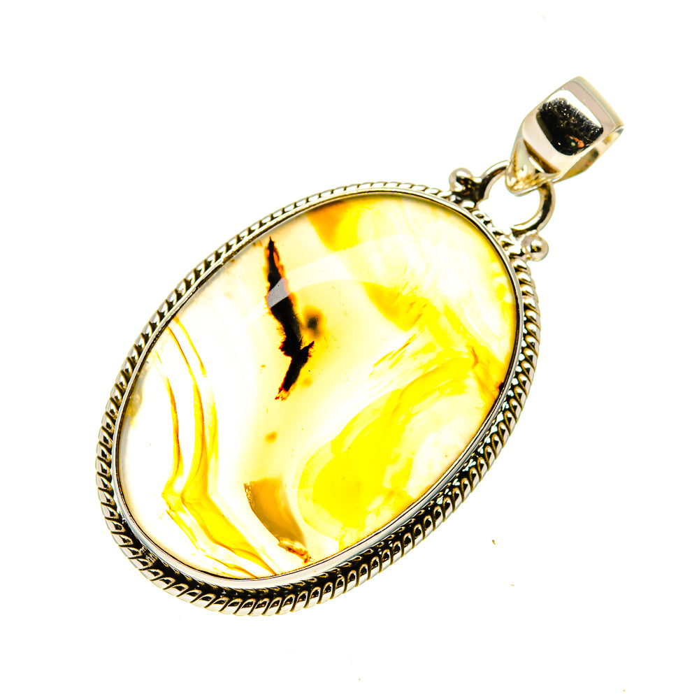 Oval Montana agate pendant with yellow stone, rope bezel, and silver bail