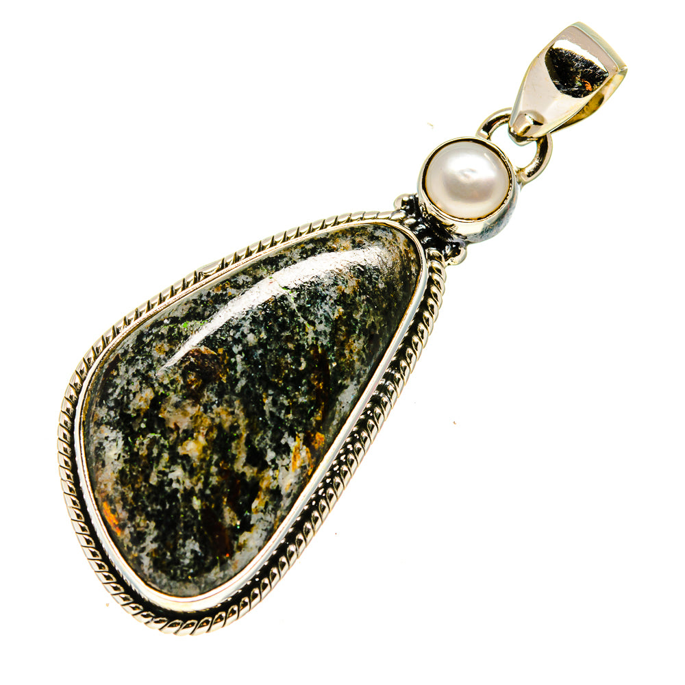 Sterling silver teardrop pendant with speckled dark astrophyllite and round white pearl