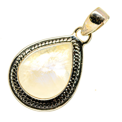 Teardrop moonstone pendant with ornate frame and bail, iridescent white stone.