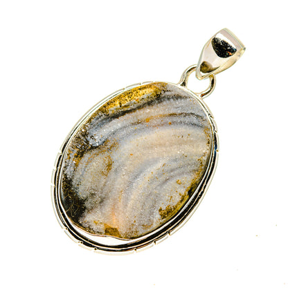Oval sterling silver drusy pendant with gray and gold speckled stone, silver bail