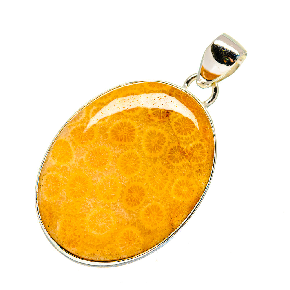 Coral pendant in oval orange resin with silver frame and bail