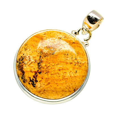 Picture jasper pendant with round amber-and-black stone in silver bezel and bail.