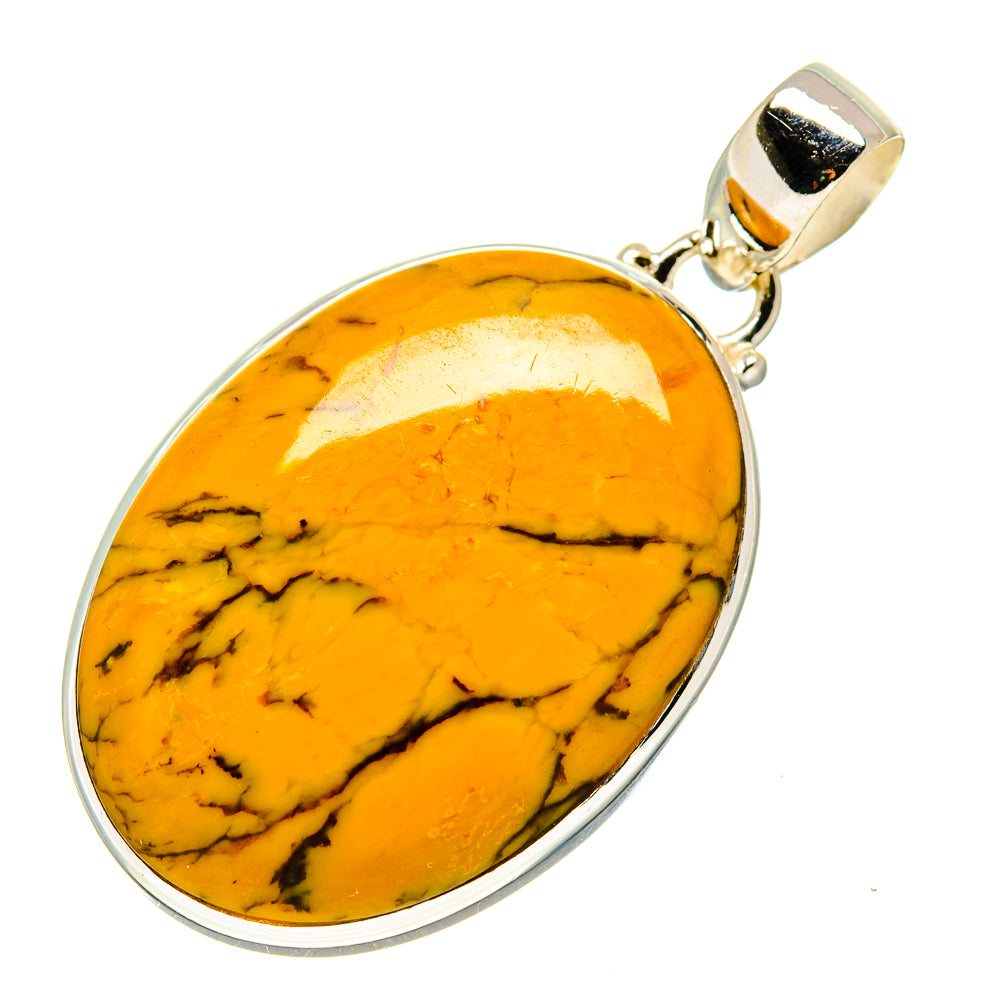 Sterling silver picture jasper pendant, oval orange stone with black veining