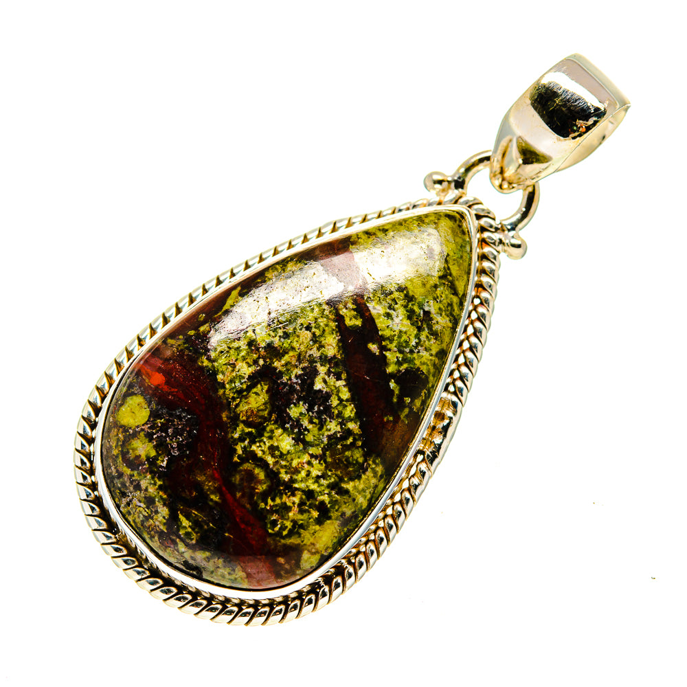 Teardrop green opal pendant on sterling silver bail, textured bezel and edge detailing