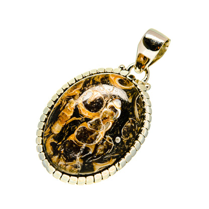 Turritella agate pendant in oval dark amber stone with 925 silver bezel bail