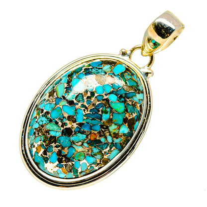 Large oval turquoise mosaic pendant with silver frame and gold bail loop