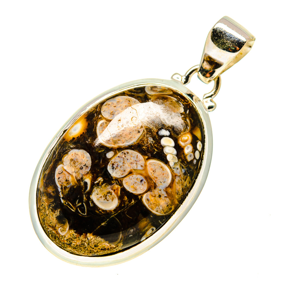 Turritella agate pendant with oval silver frame and bail, marbled dark gold, black