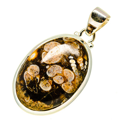 Turritella agate pendant with oval silver frame and bail, marbled dark gold, black