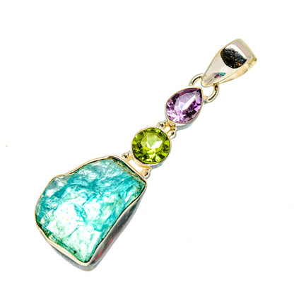 Sterling silver pendant with teal fluorite drop, purple amethyst and green peridot accents