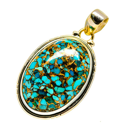 Oval turquoise pendant with gold bail and sterling-silver bezel, blue-green mosaic stone