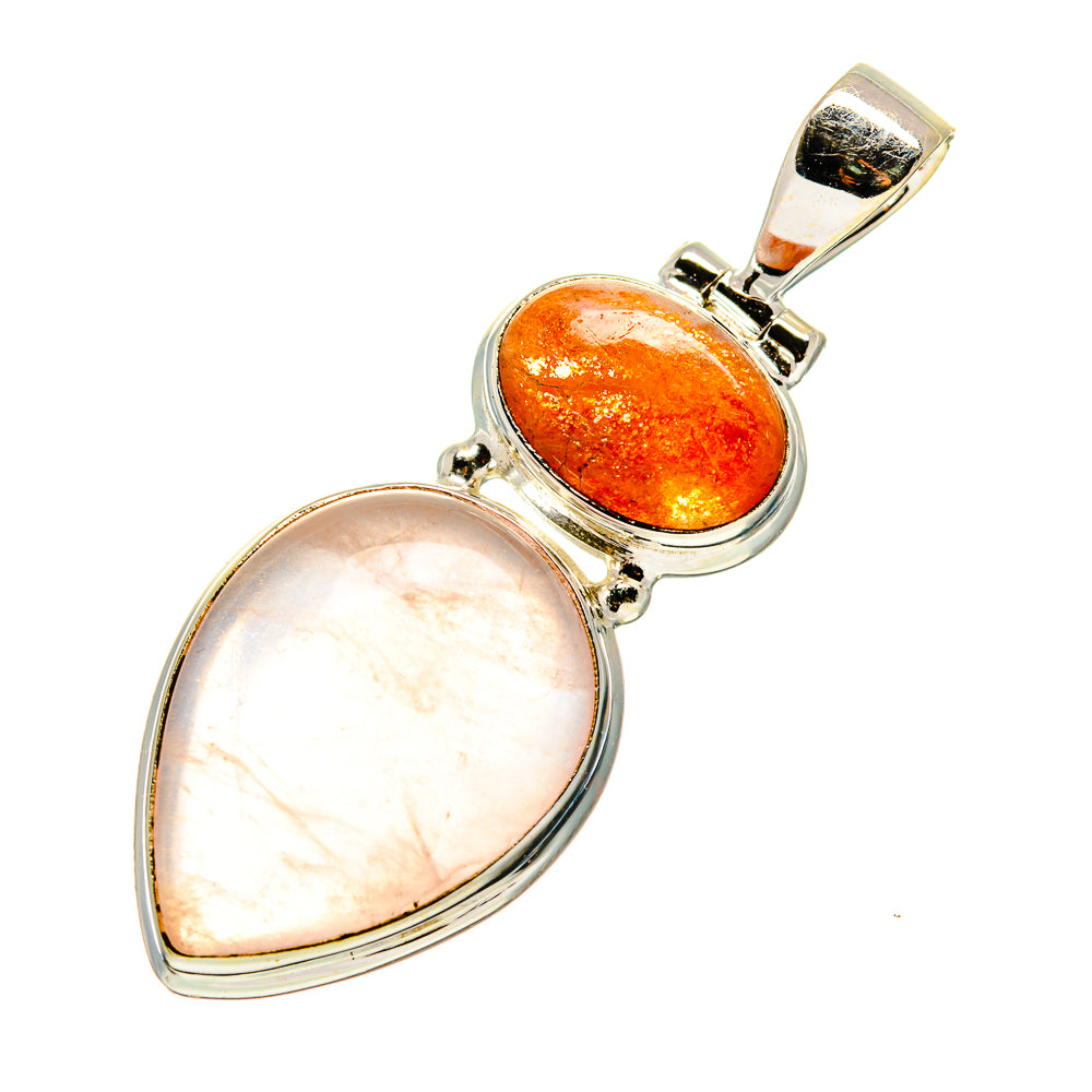 Two-stone sterling silver pendant with rose quartz and orange sunstone teardrop settings