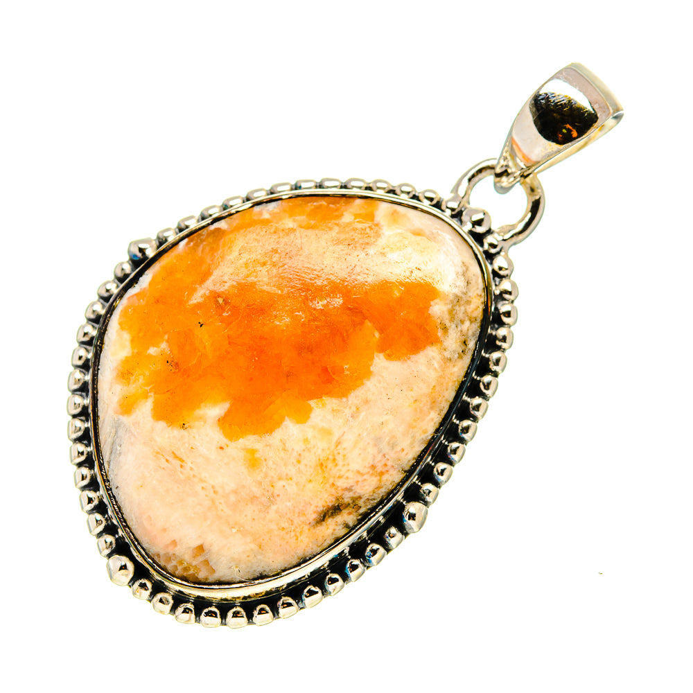 Oval orange gemstone pendant with silver bail and decorative bead border