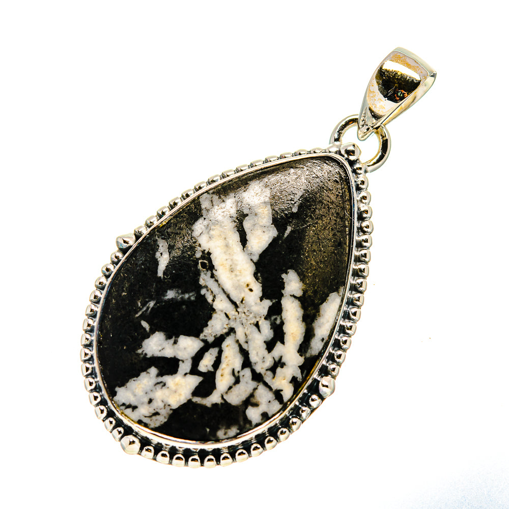 Sterling silver teardrop stone pendant with black-and-white druzy pattern