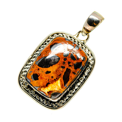 Sterling silver square pendant with orange chert breccia center and braided frame