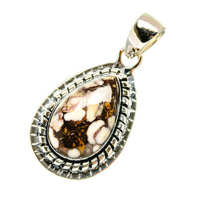 Sterling silver teardrop jasper pendant with white and gold marbled stone, ornate border