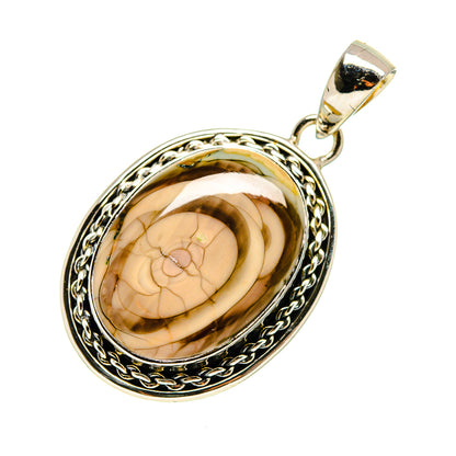 Oval sterling silver jasper pendant with rope border, cream-brown cabochon, gold-tone bail