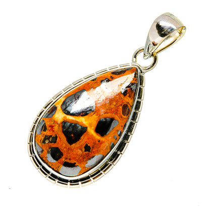 Teardrop chert breccia pendant in orange, black, and white with sterling silver frame