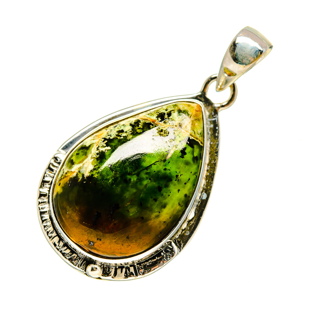 Sterling silver green opal teardrop pendant with ornate border and loop bail