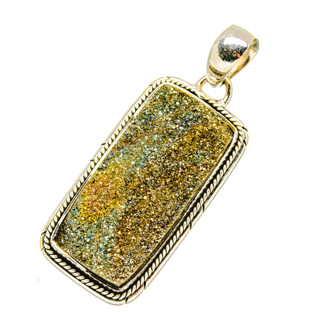 Rectangular druzy pendant with silver rope-edge frame, yellow-gold glitter and loop bail.