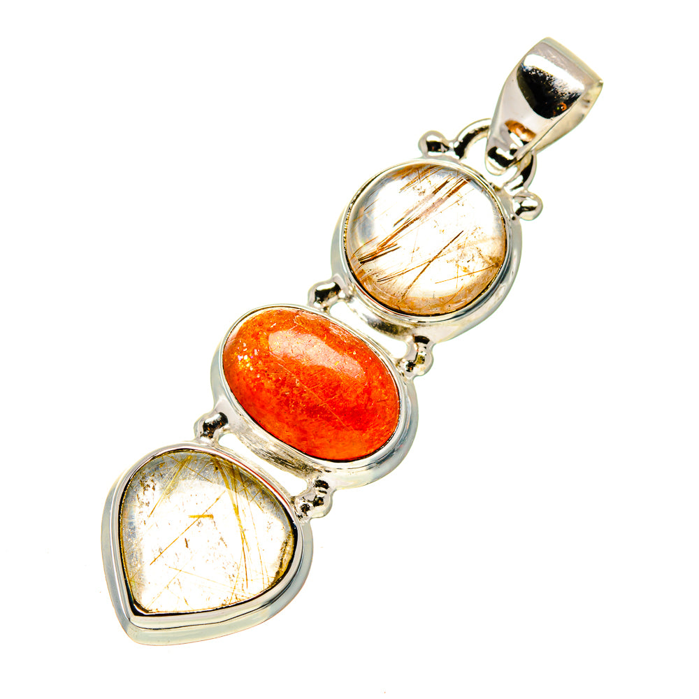 Sterling silver pendant with three oval gemstone cabochons: rutilated quartz and sunstone