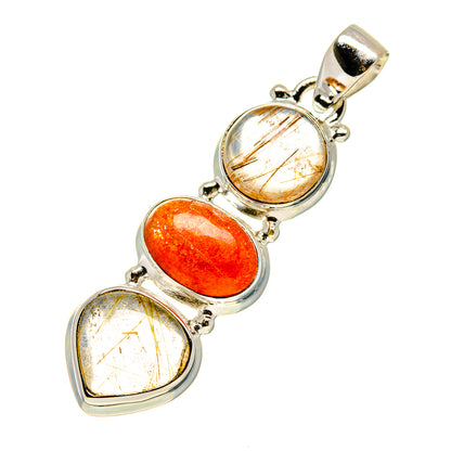 Sterling silver pendant with three oval gemstone cabochons: rutilated quartz and sunstone