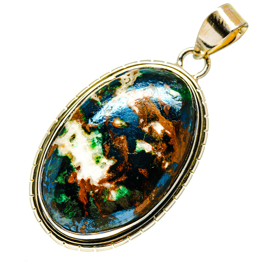 Oval chrysocolla pendant on bail, 925 sterling silver frame around green-blue gemstone