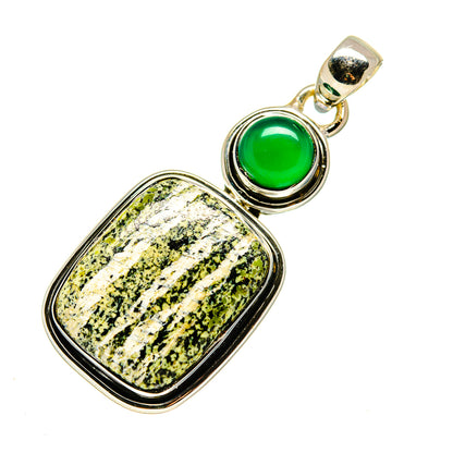 Sterling silver pendant featuring green-and-white jasper in a bezel with a round green stone