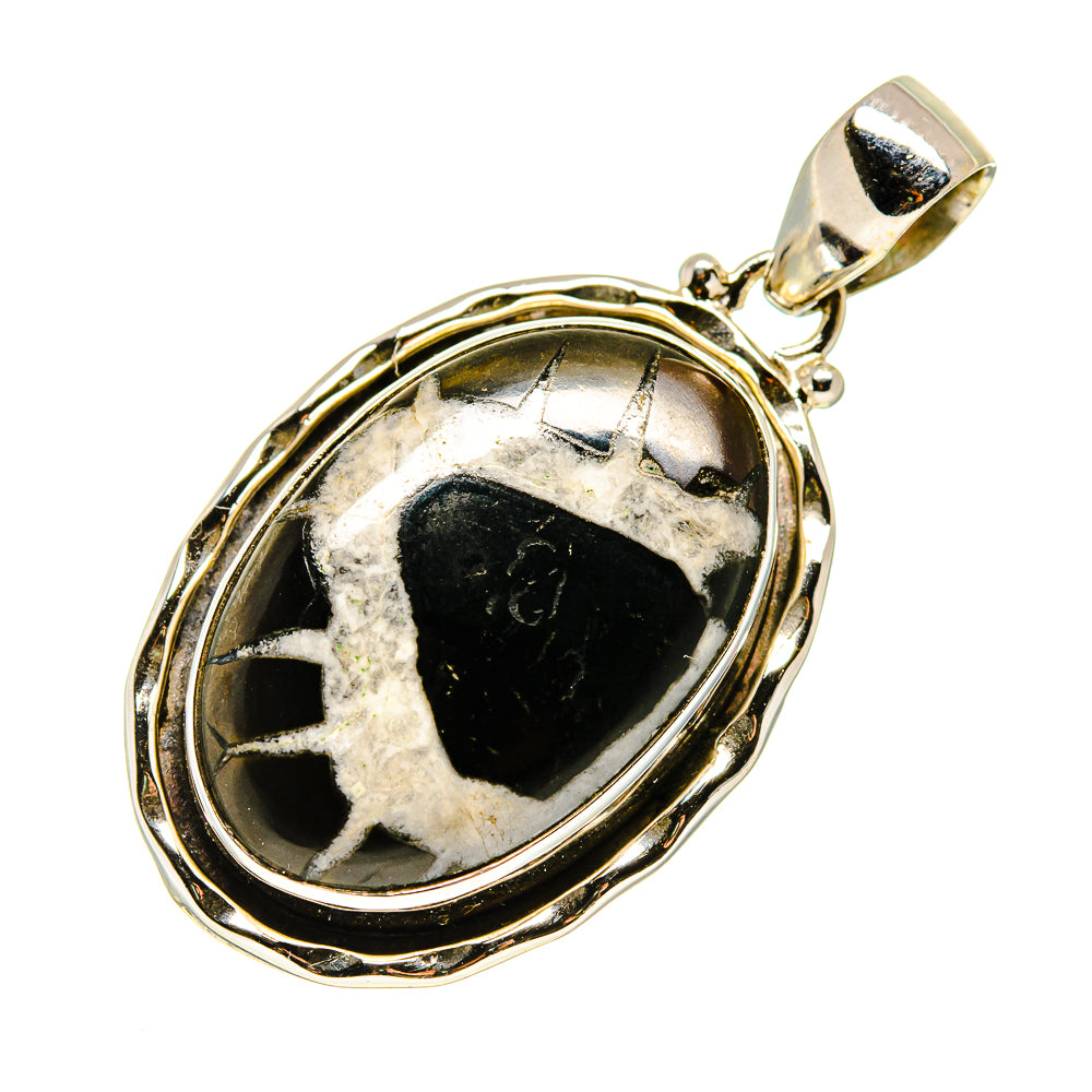 Septarian geode pendant, oval black-and-white stone in silver-tone frame with bail