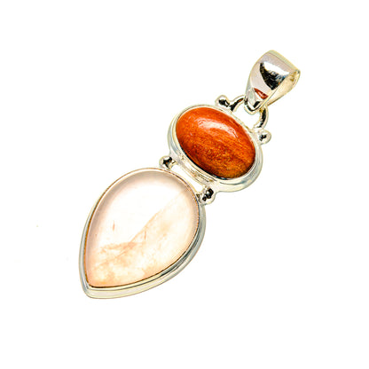 Sterling silver pendant with oval sunstone and rose quartz cabochons