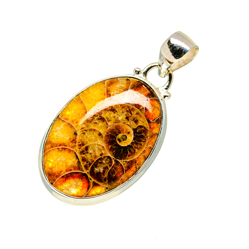 Sterling silver ammonite fossil pendant with oval amber resin inlay and bail