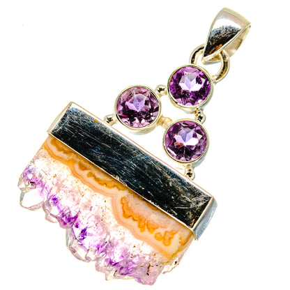 Amethyst stalactite pendant with bar frame, three purple stones, silver bail