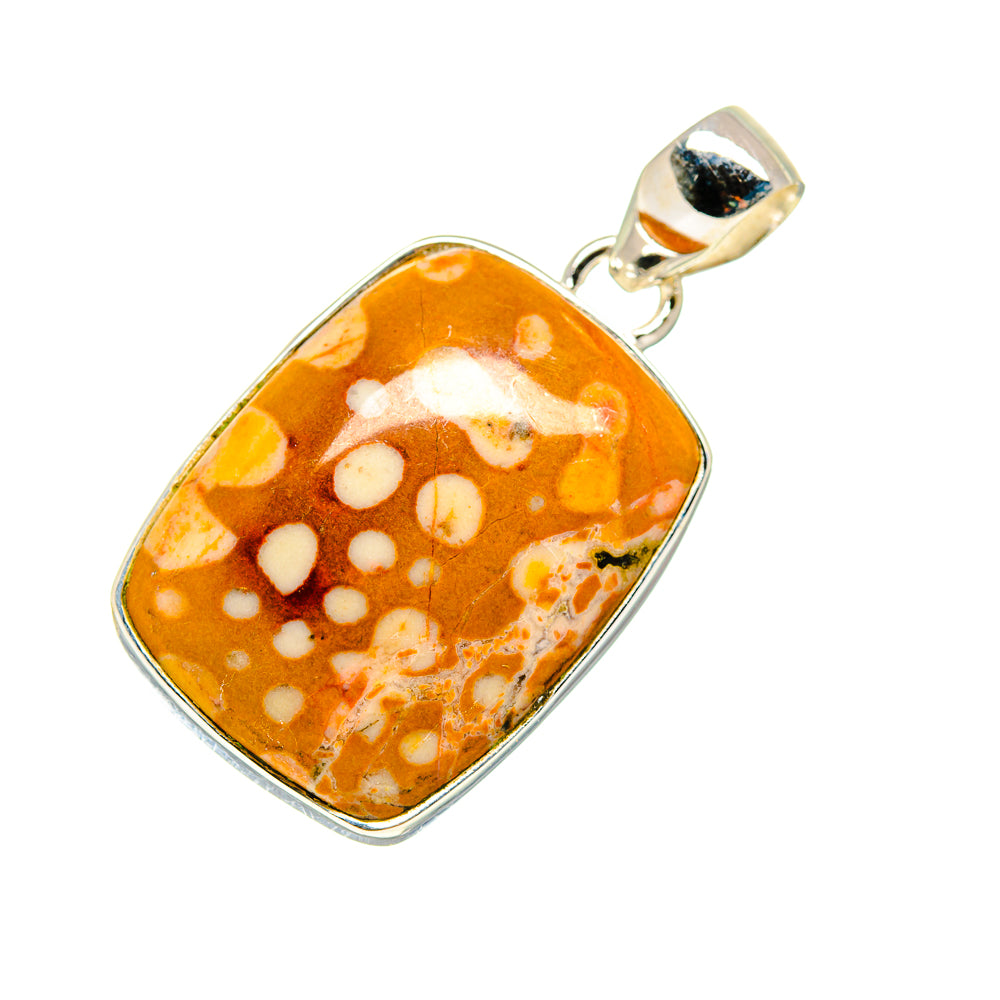 Mookaite pendant with bail, orange rectangular stone with white speckles in silver frame.