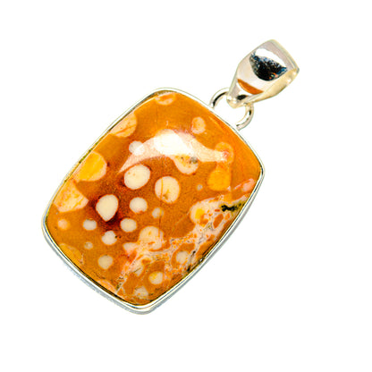 Mookaite pendant with bail, orange rectangular stone with white speckles in silver frame.