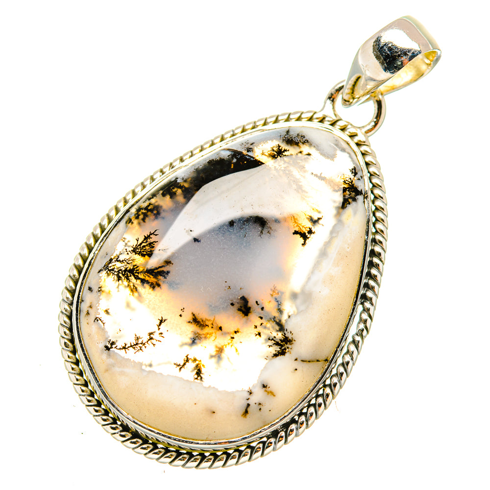 Teardrop opal pendant with white stone and gold-toned dendrites, rope-textured sterling bezel