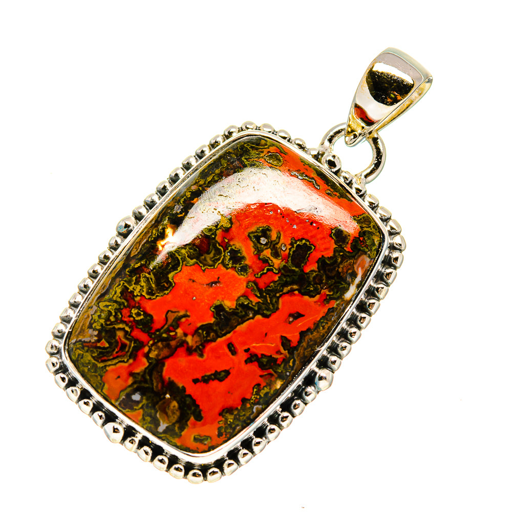 Moroccan agate pendant, red and green mottled stone in silver frame with loop top
